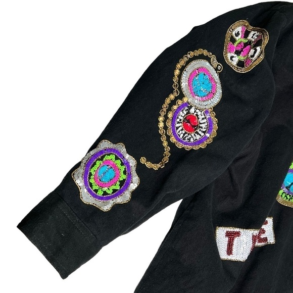 VINTAGE MODI DENIM Black Sequined Time Flies Jacket Coat Women's M 8-10 - Picture 9 of 17